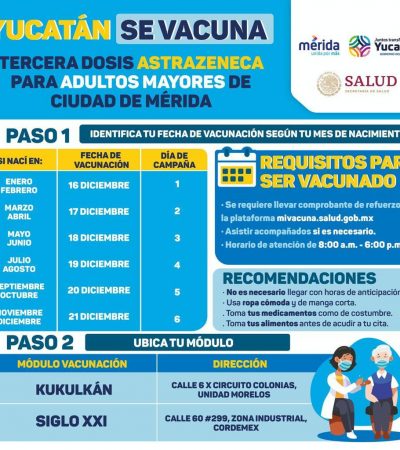 Adultos mayores de Mérida recibirán refuerzo de vacuna contra Coronavirus del 16 al 21 de diciembre